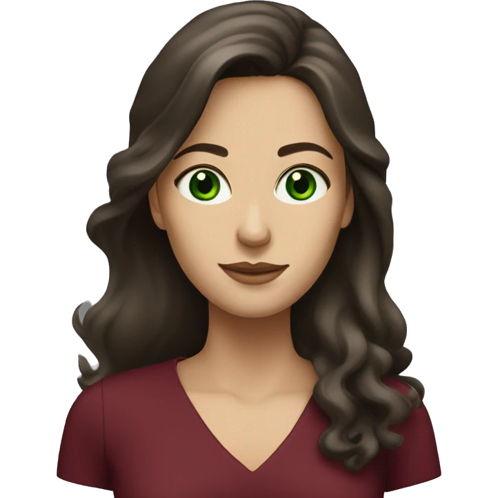 Long haired, Brunette woman with green eyes and burgundy dress emoji