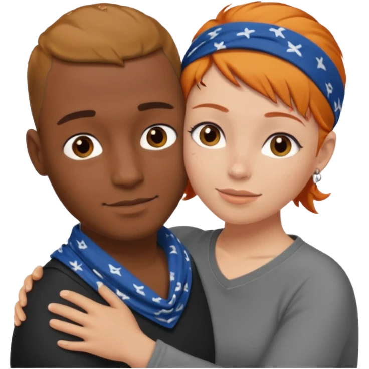 Two people hugging, brown guy with a buzzed cut and bandana, and a white woman with ginger hair emoji