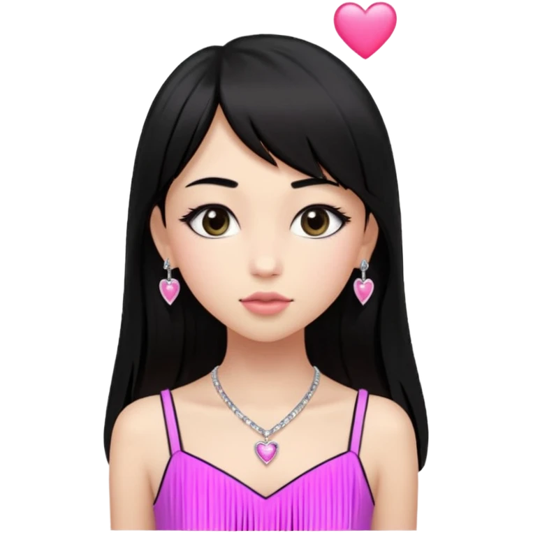 Cabelos pretos longos lisos ,com franja curvada .olhos pretos puxadinho para cima. Cílios longos curvados. Pele clara ,nariz pequeno ,lábios carnudos ,adolescente 16 anos ,vestido rosa de alça, colar de coração prata ,brinco de diamante emoji