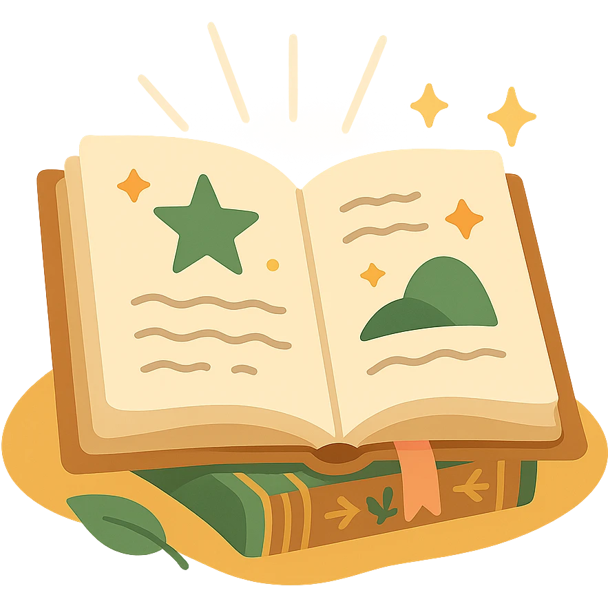 A cute open book lying on a cozy surface, designed in a soft and magical color palette: golden orange (FA9B41), deep forest green (4A7C5C), warm taupe brown (96775A), and pastel peach (FFCC9A). The pages are slightly aged with gentle curves, featuring whimsical illustrations, tiny stars, and elegant handwritten text. The book cover, visible beneath the open pages, has decorative patterns and a ribbon bookmark in peach and green tones. Around the book, add soft light, a few leaves, or glowing sparkles, creating a dreamy, enchanted, storybook-like atmosphere. The overall mood is warm, magical, and gentle emoji