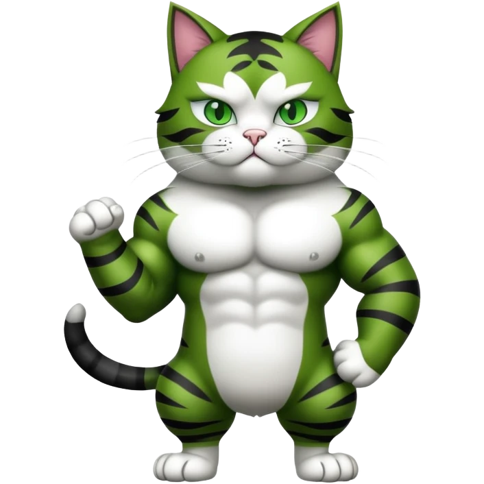 Jacked up Huge jumbo Super Duper Muscular Cat with a 10 pack full body black and white and green eyes  emoji