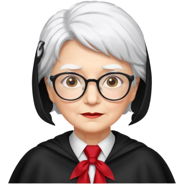 An older woman with glasses and white hair, in a red tie and black cape emoji