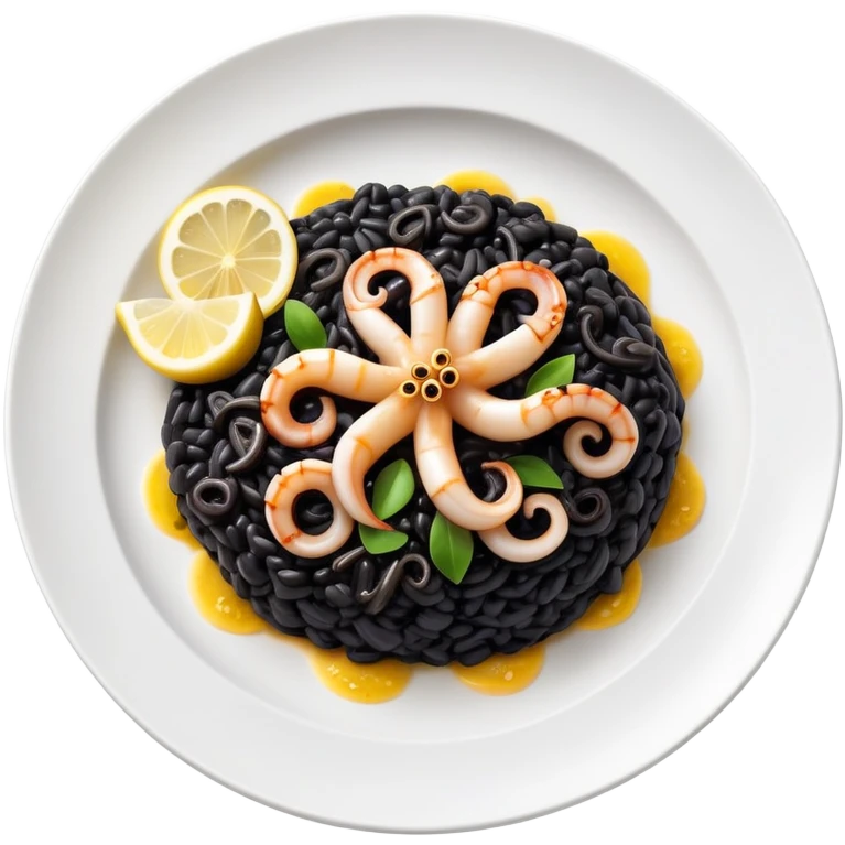 cinematic-realistic-black-risotto-dish,-showcasing-small squid pieces-rendered-with-bold-textures-and-dynamic,-dramatic-lighting in a white plate with a grilled lemon on top emoji