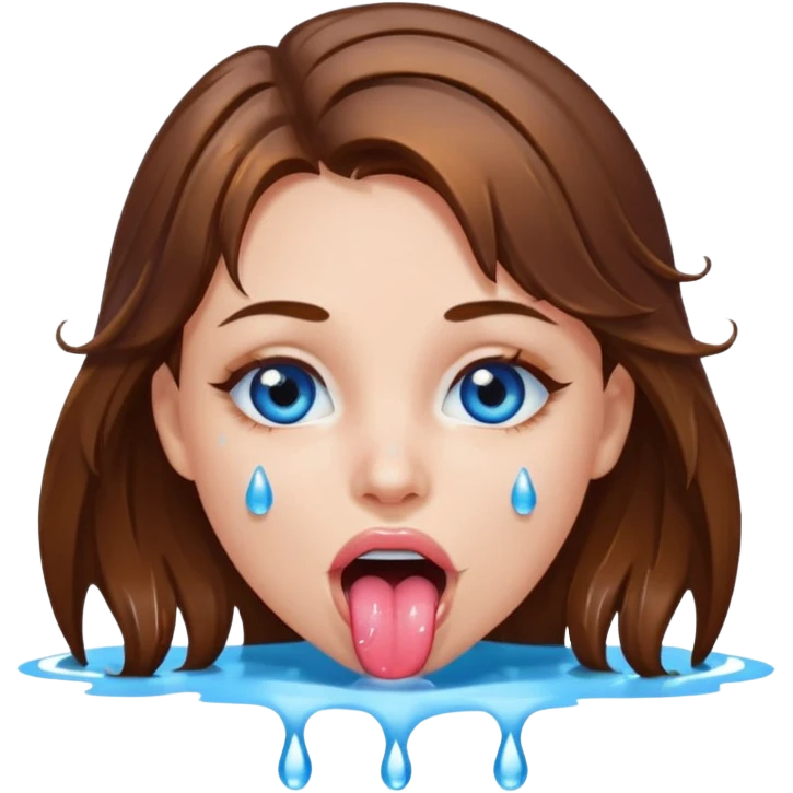 Girl with brown hair, blue eyes, a wet face and her tongue out. Can you make her face more wet? Can you add clear water droplets on her face and tongue? No water below her. Just on her face, hair and tongue. I like the first one in the top left corner. Can you do more variations of it emoji