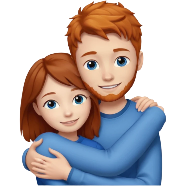Ginger boy without facial hair hugging girl with dark brown hair. Both have blue eyes.  emoji