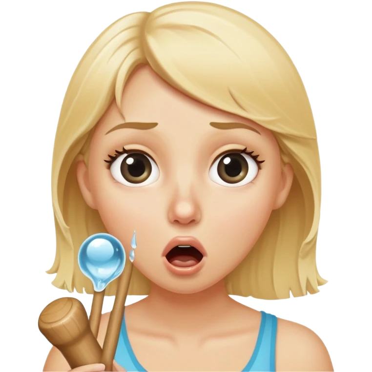 blond woman with wide eyes, holding a wide skin-colored stick with a D-shaped knob, the knob has skin texture, water squirting from the flat side of the knob into her mouth, shocked face emoji