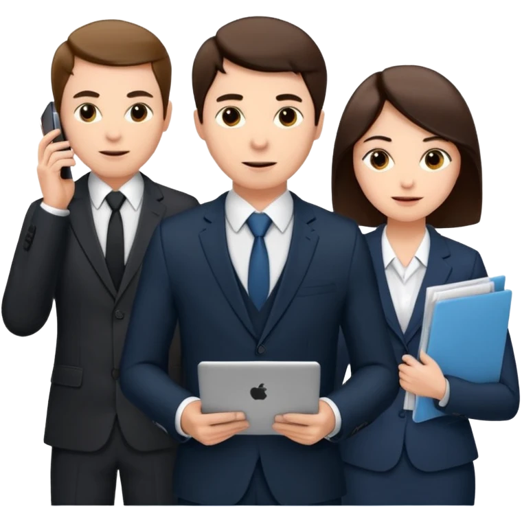 Команда в костюмах из трёх человек. на переднем палне Мужчина впереди общается по смартфону, дальше женщина слева стоит с ноубуком, мужчина справа держит бумаги emoji