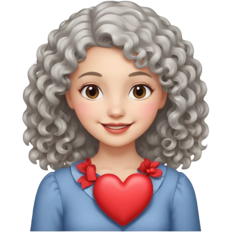 silvery curly/wavy shoulder-length hair smiling lady holding a heart less hair emoji