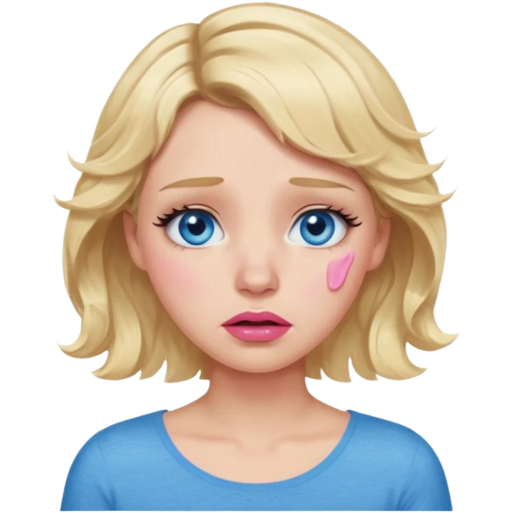 Girl Blonde short wavy hair,  blue eyes, cute blue top, long lashes, pink lips,crying with tears running down the face  emoji