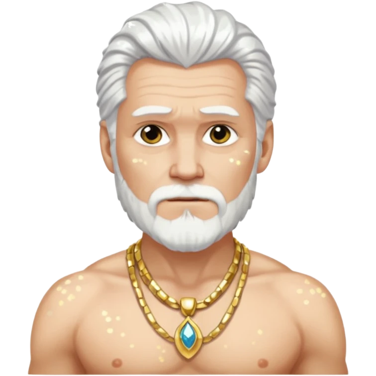 Odin with white hair, white sequin loincloth, shirtless with necklace emoji
