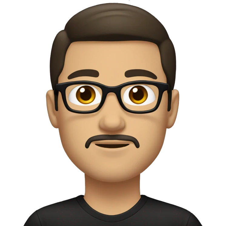 white boy with goatee and soul patch, round eyebrow frame glasses, a purdue university shirt. black hair with a widows peak. dark brown eyes emoji