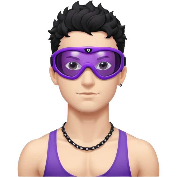 shirtless male athlete with white skin and moderately curly black hair on top with shaved sides, wearing purple ski goggles with black tinted lenses, and a simple plain black chain necklace, no earrings emoji