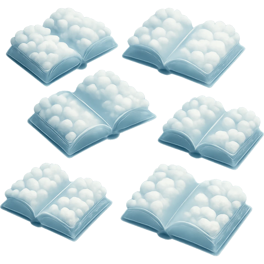 thick open book viewed from above, made entirely of small very bright white fluffy convex clouds, matte glass style emoji