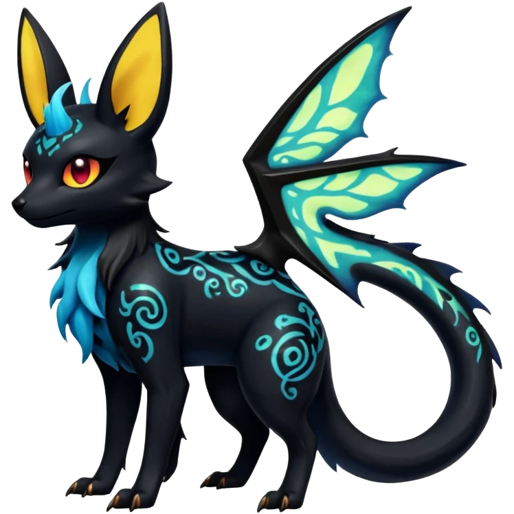Shiny Fiery Dark Glowing Eldritch Horror Cool Edgy Badass Emo Glorious Demonic Batty Punky Aural Iridescent Fluorescent Bioluminescent Umbreon-Amaura-Salandit-Litten-Flareon-Fakémon-fusion (full body) with intricate pattern markings emoji