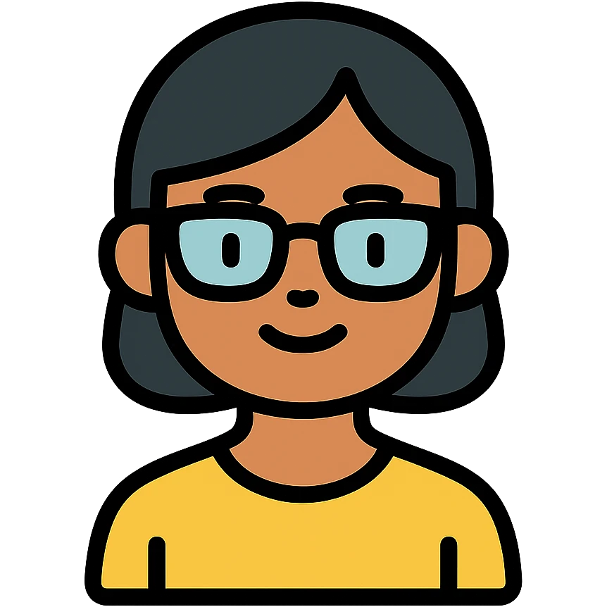 Asian girl with tan skin, short black hair, and glasses, color outline icon emoji
