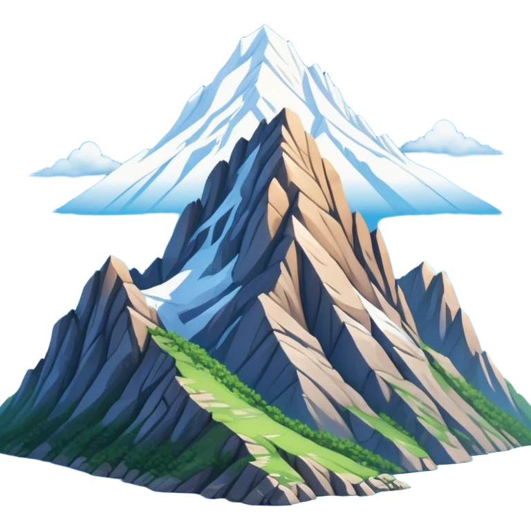 Cinematic Realistic Mountain Emoji, Majestic and towering, with craggy, snow-capped peaks rising sharply against a deep blue sky. The rugged terrain is dotted with rocky outcrops and patches of greenery, with clouds swirling around the higher reaches. Soft glowing outline, capturing the essence of ancient strength and natural beauty in a towering mountain! emoji