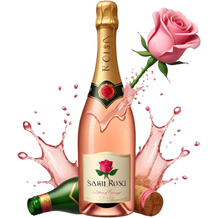 bottle of sparkling rosé champagne with a rose logo on the label, with the cork exploding out from the top, tilted up and to the left, no glass emoji