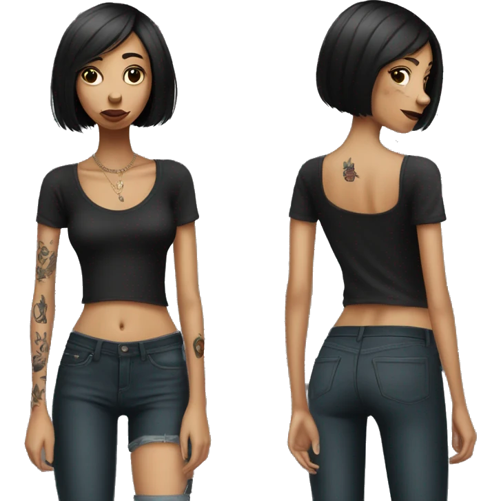 skinny girl with bob haircut smoking cigarette, she is wearing black t-shirt and has lotus tattoo on her shoulder emoji