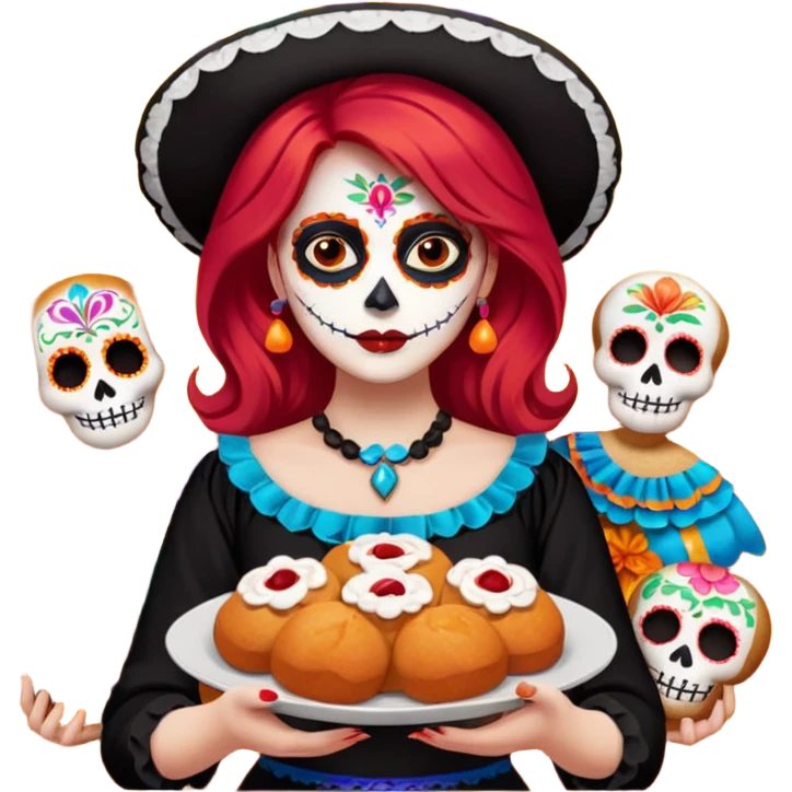 Día de muertos cabello rojo pan de muerto papel picado emoji