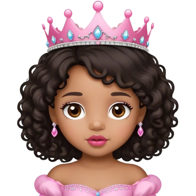 princess, medium brown skin tone, very adorable toddler, with big plump lips, long long lashes, black curly long hair, brown eyes, pink tiara emoji