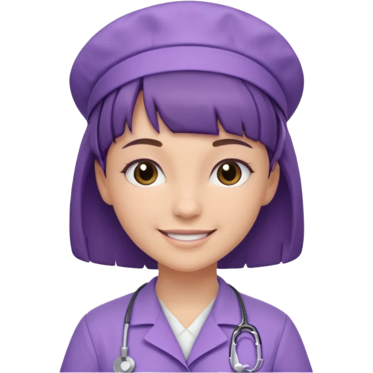 A young female slim nurse with short Brown hair with fringe over her forehead, wearing larvendar purple working cloth emoji