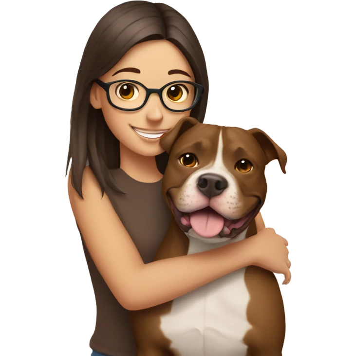 smiling brunette girl with glasses hugging brown pit bull  emoji