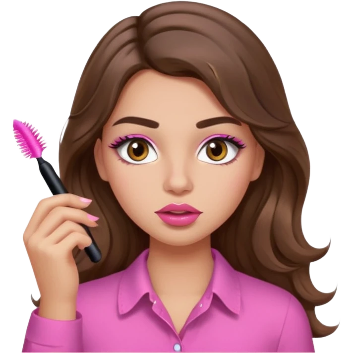 girl with long wavy brown hair, brown eyes, light to medium complexion, in a pink shirt, pink lips, long lashes, puckered lips, putting on mascara emoji