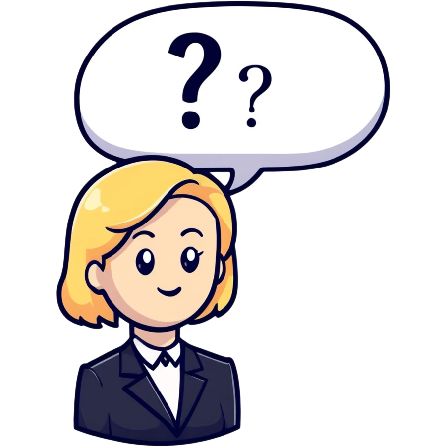 blonde haired white woman in a black formal suit with a white speech bubble containing a black question mark next to her head emoji