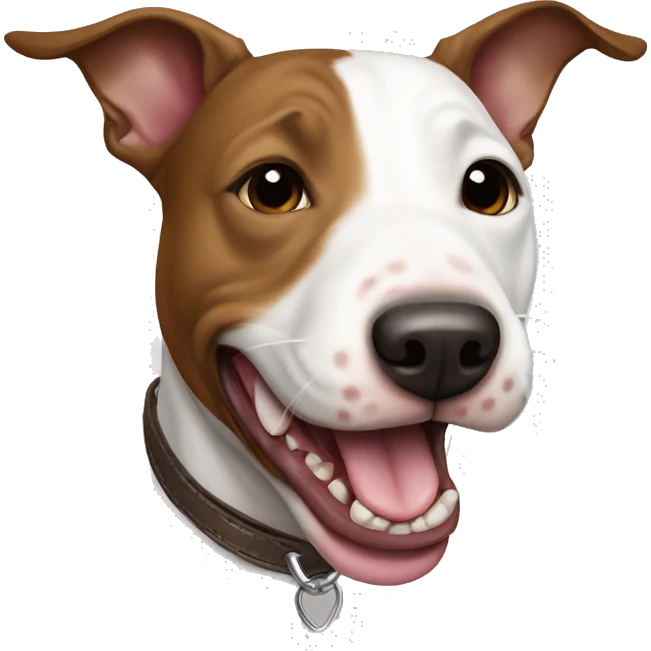 brown with white miniature bull terrier dog showing tongue emoji