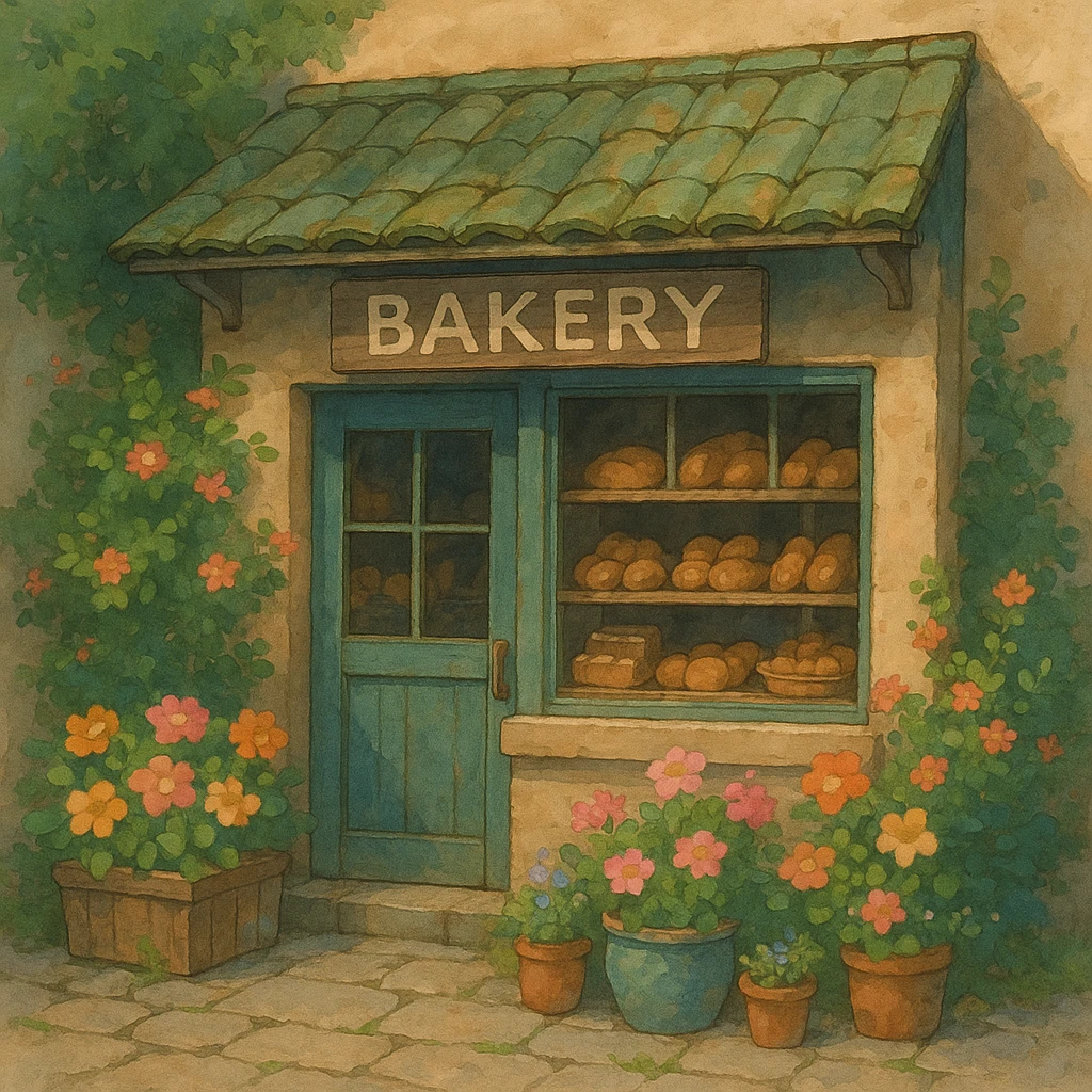 small bakery storefront with flowers, ghibli style emoji