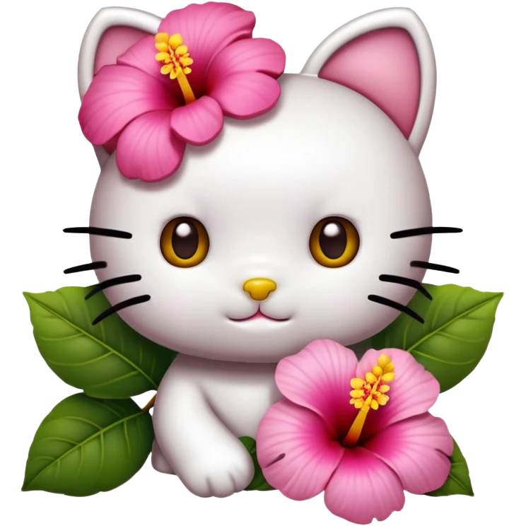 Create an emoji-style face of Hello Kitty with BROWN skin. She should have her iconic round face with no mouth, black oval eyes, and a yellow nose. Replace her usual bow with a pink or red hibiscus flower tucked behind one ear emoji