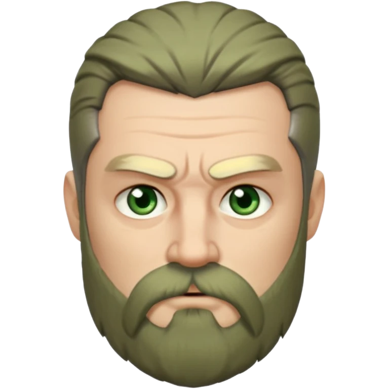 Greenish grey eyed adult man with sad eyes, poor short dark grey hair and a very long viking beard hanging. Pale skin. He's serious and looks tired. Make sure his hair and beard are both dark grey. emoji