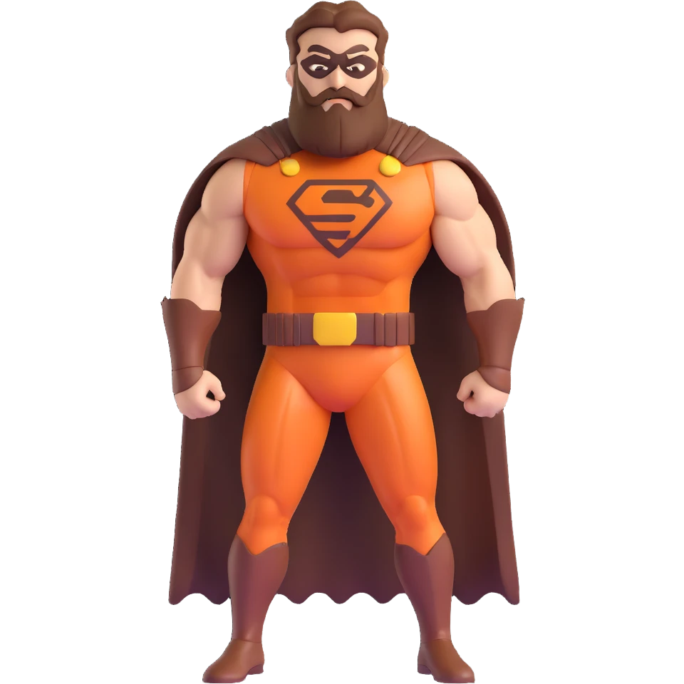 muscular superhero in brown and auburn costume, beard-shaped logo, comb-shaped belt, magnificent beard emoji