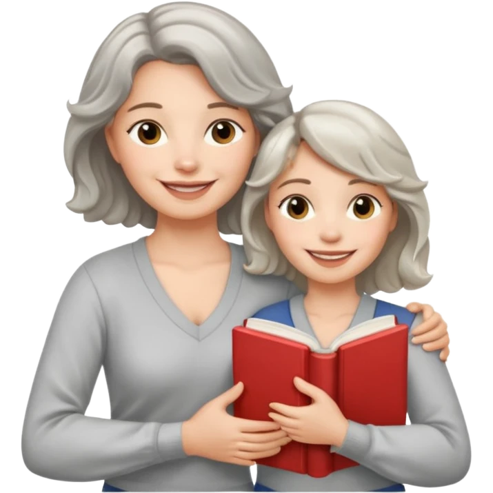 Silver hair, wavy/curly hair chin-length lady giving hug with 2 arms,  v-neck and smiling, add a favorite book emoji