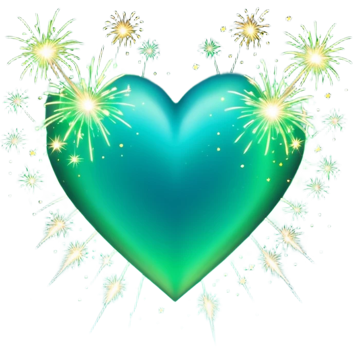 emoji: teal and neon green gradient heart with sparklers and firework confetti from behind. emoji