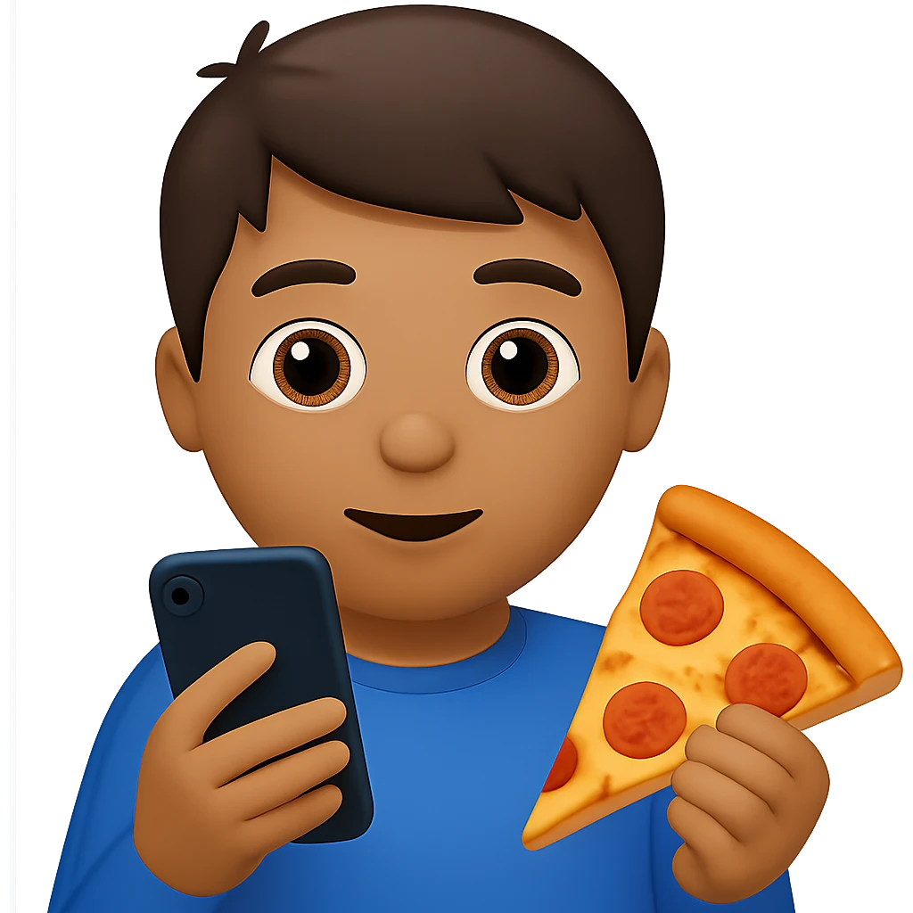 Change the food to pizza, keep the boy watching videos on his phone, emoji style, with no background. The style should resemble apple style emojis. emoji