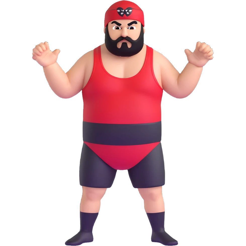 White skin fat guy with prominent black durag, short black beard and mustache, black eyes in a red and black wrestling singlet with angry face emoji