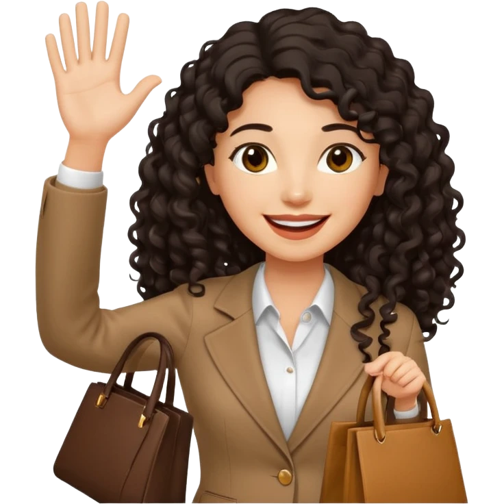 medium deep tan brown business woman with long black curly hair, waving hand with happy face with smile mouth and carrying bag on her shoulder emoji
