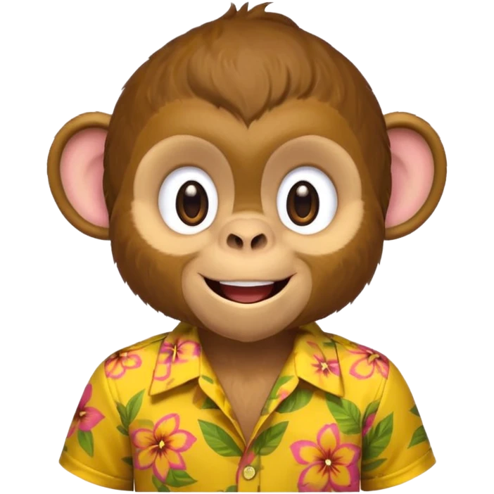 Monkey – cheeky grin, wearing yellow floral aloha shirt. emoji