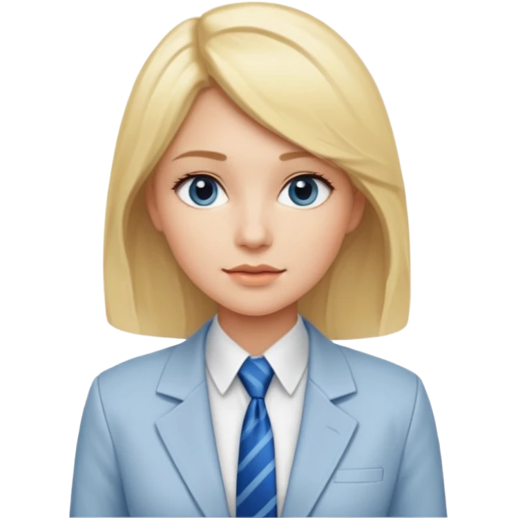 une femme blonde jolie avec des jolies traits avec une chemise blanche et une veste a manche longues et cravate bleu emoji