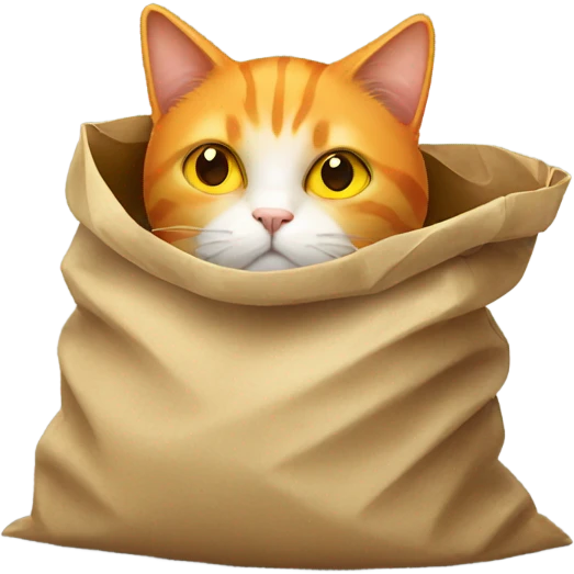 Orange cat with yellow eyes hiding inside of a bag emoji