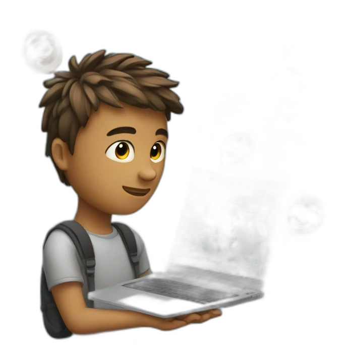 A young man with a laptop and programming codes spinning around his head emoji