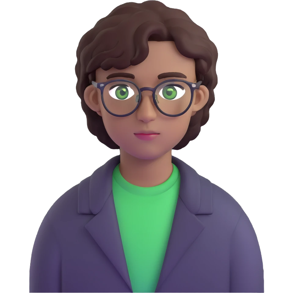 young man with dark slightly curled hair wearing glasses with green eyes emoji