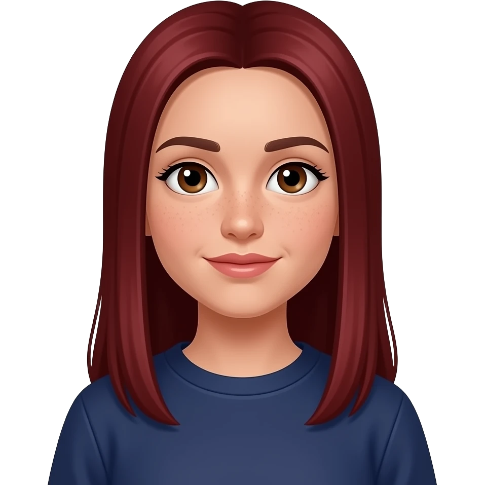 Perçemli düz saçlı saçı uzun boy koyu kızıl renkte ama koyu bi kızıl çilli kahverengi gözlü güzel kirpikli bembeyaz tenli bir kız lacivert bir sweethsirt giysin emoji