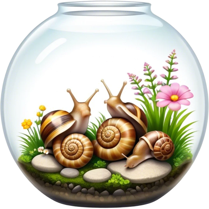 Close-up of large home snails inside a terrarium, showcasing their soft, spiral shells and glistening bodies, with a gentle light highlighting their details. With stones and grass and flowers. Transparent background. emoji