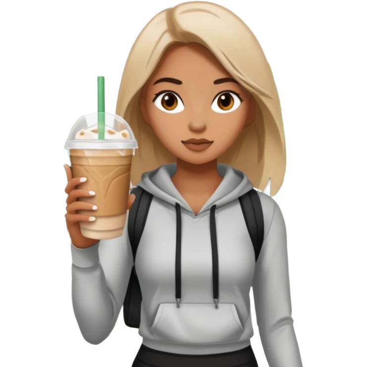 A girl on a hot girl walk in athleisure holding an iced latte emoji