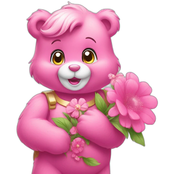 Pink Care bears holding flower bouquet emoji