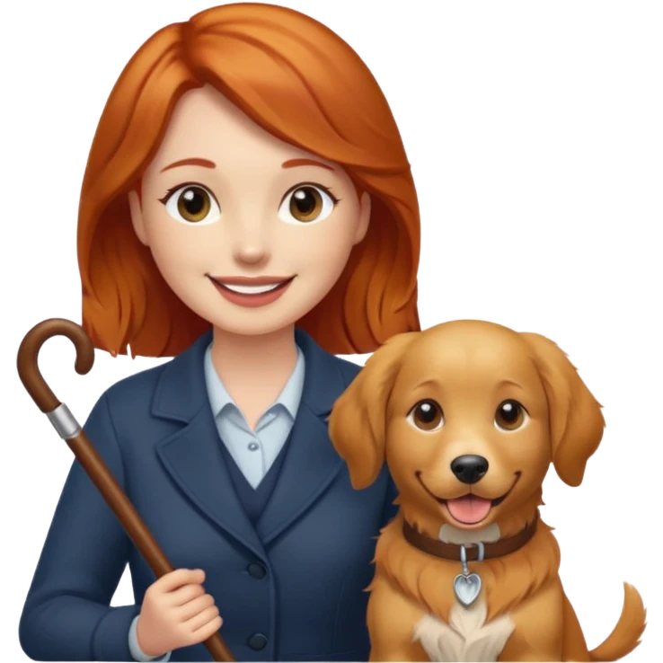 Red headed woman with a cane and a dog emoji