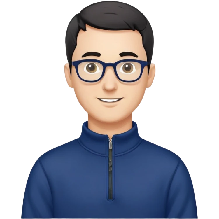 Caucasian man with very short black hair (close-cropped buzz cut), short beard with gray streaks, large black eyeglasses, cheerful expression, navy blue long sleeve sweatshirt with quarter zip emoji
