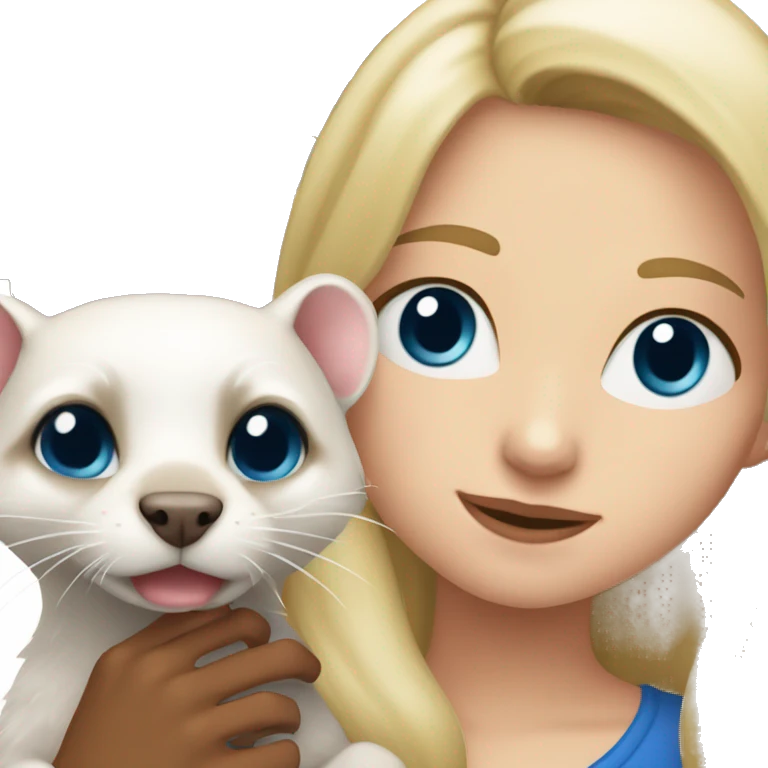 Blonde girl with blue eyes holding in hands a male old ferret who has black eyes  emoji